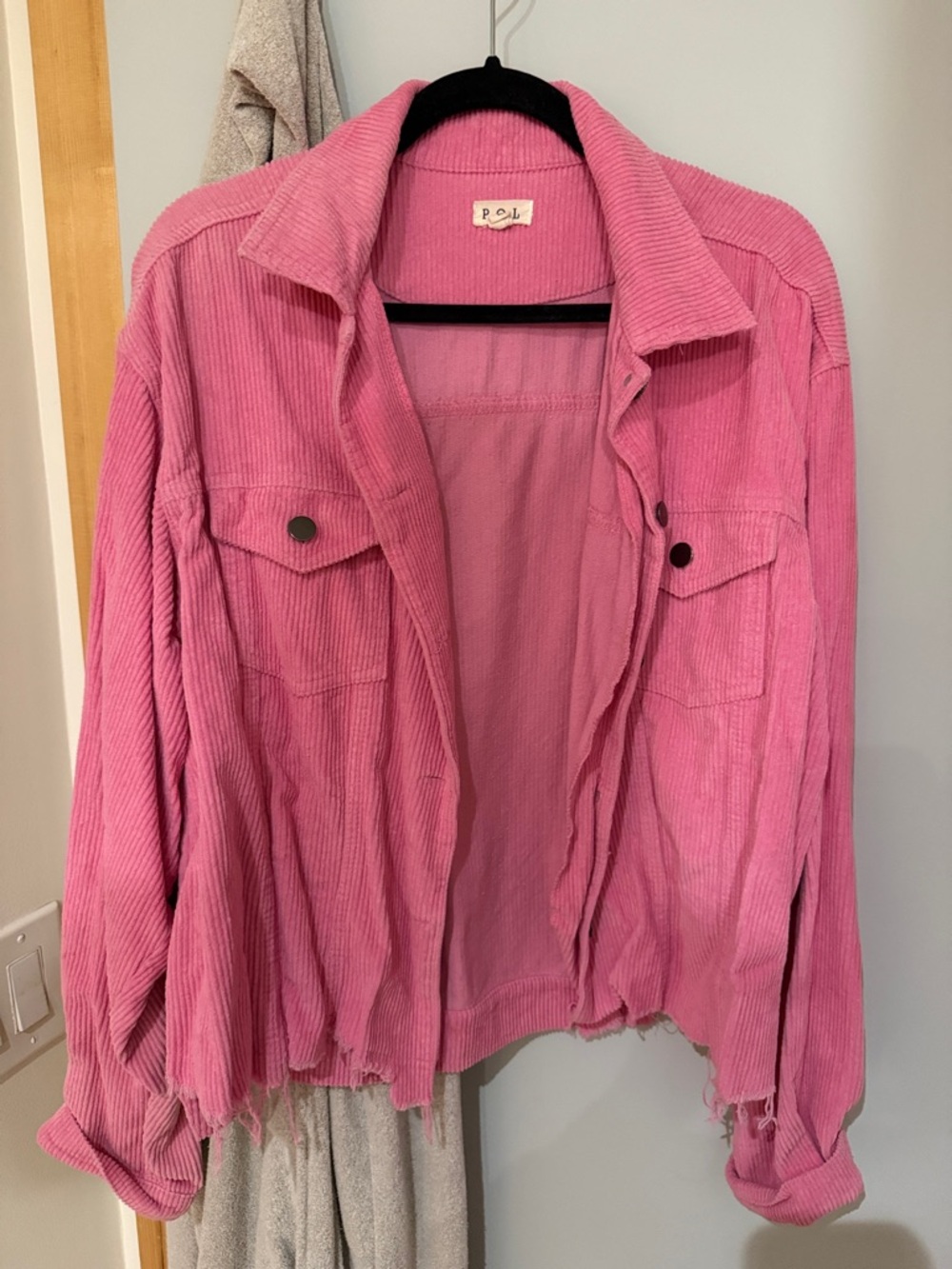 POL Pink Corduroy Jean Jacket with Distressed Hem